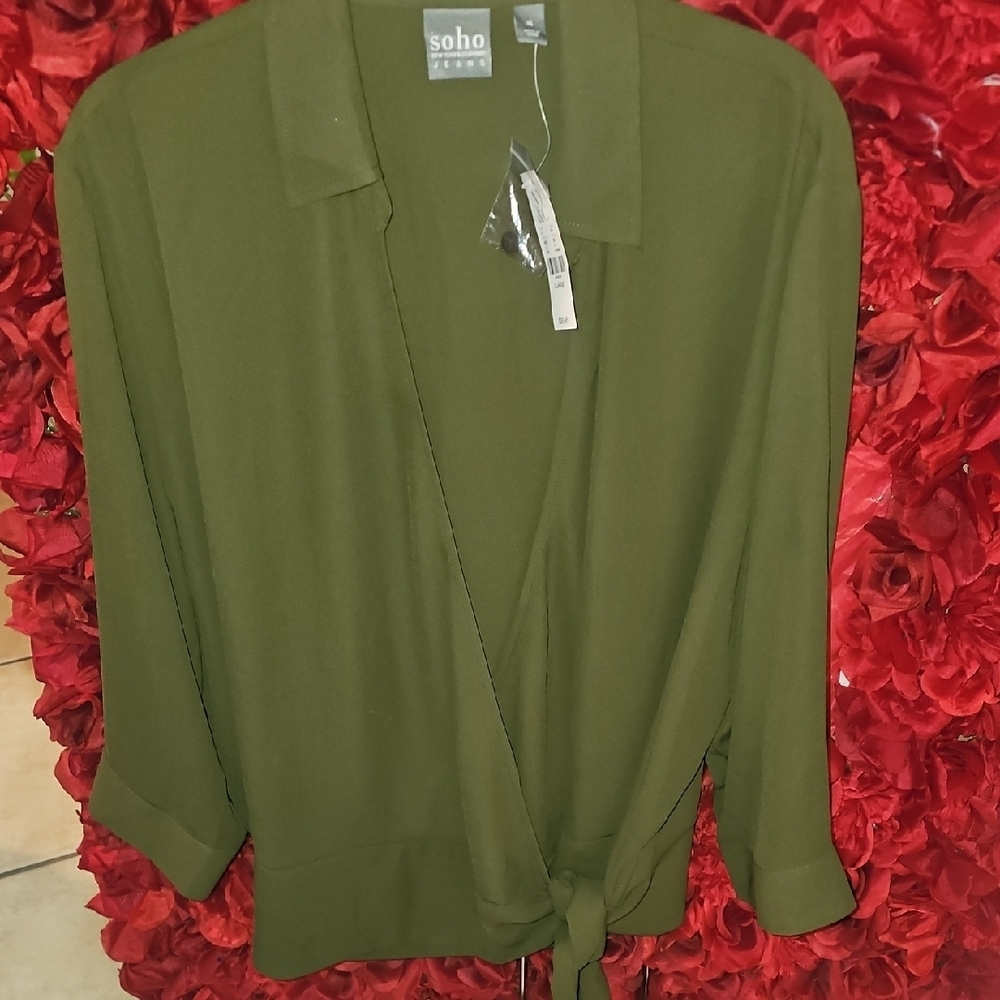 Soho NY&Co. NWT Olive Green Women's Crossover Sheer Blouse Size Xlarge